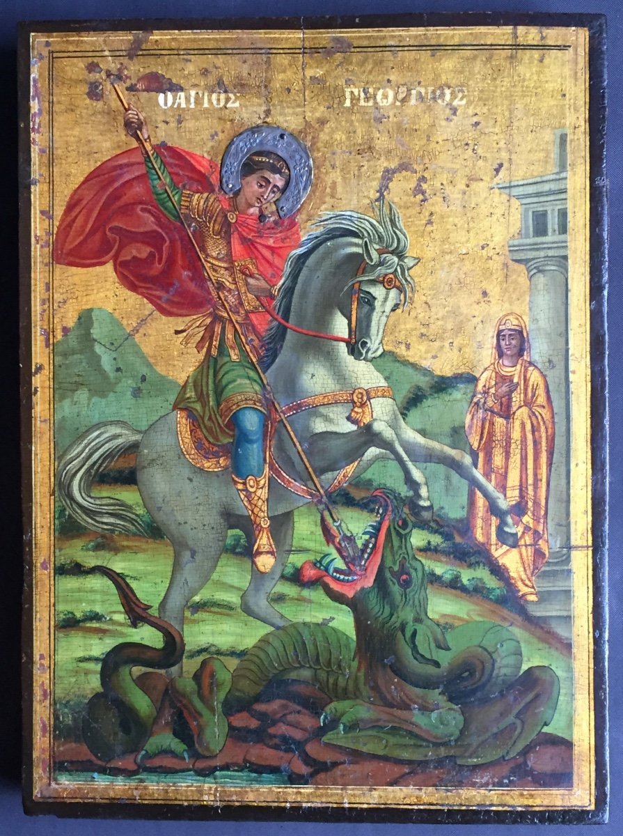 Icon Of Saint George Slaying The Dragon, Greece 19th Century / Greek Orthodox /  Icone / Ikone 