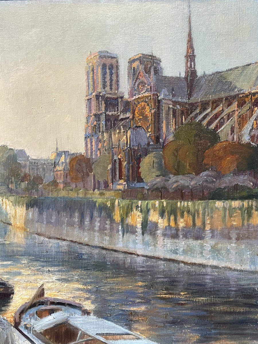 Marie Daubige, Parie Vue De Notre Dame de Paris,  Huile Sur Toile / France Paysage Urbain / Seine-photo-3