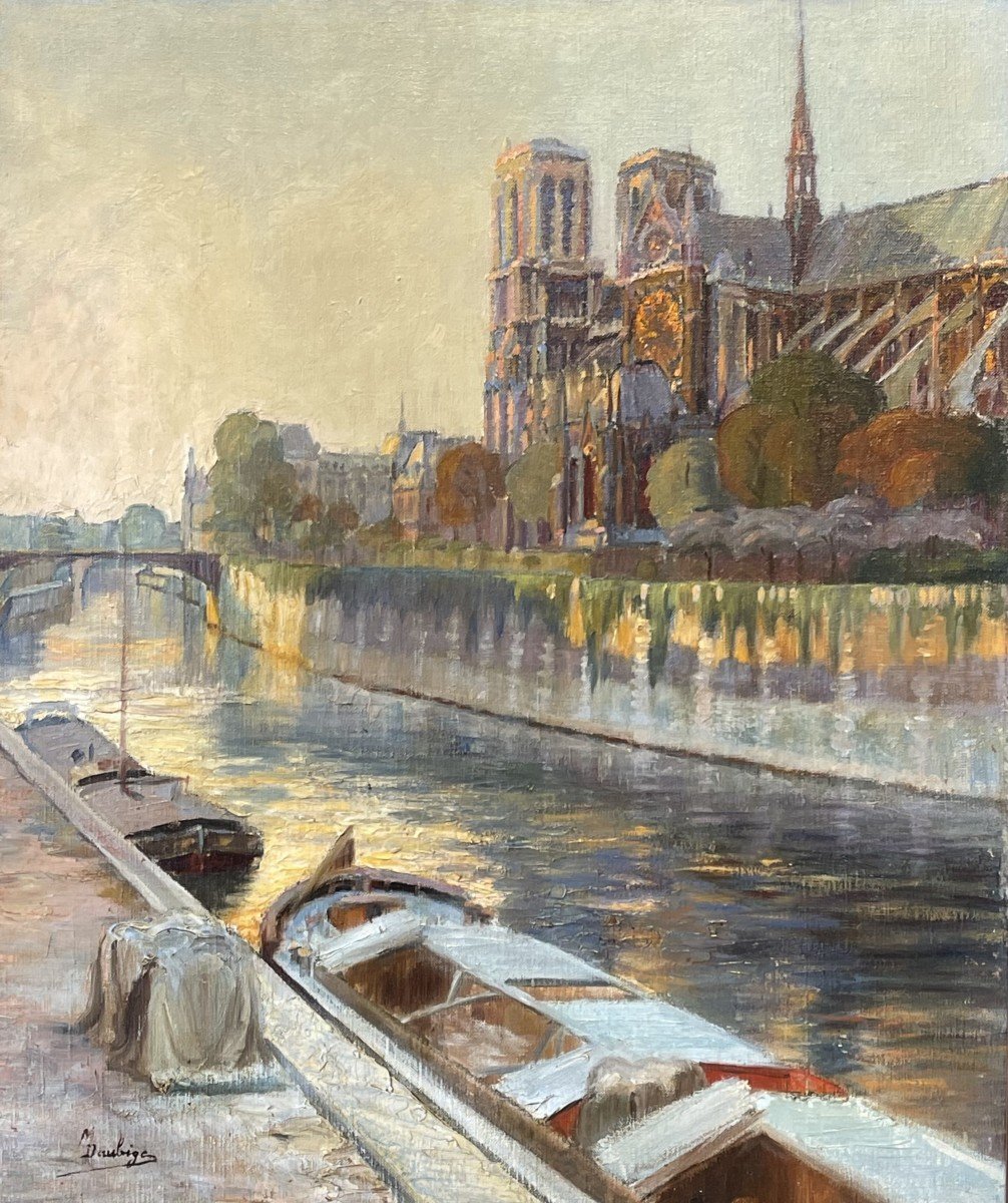 Marie Daubige, Parie Vue De Notre Dame de Paris,  Huile Sur Toile / France Paysage Urbain / Seine