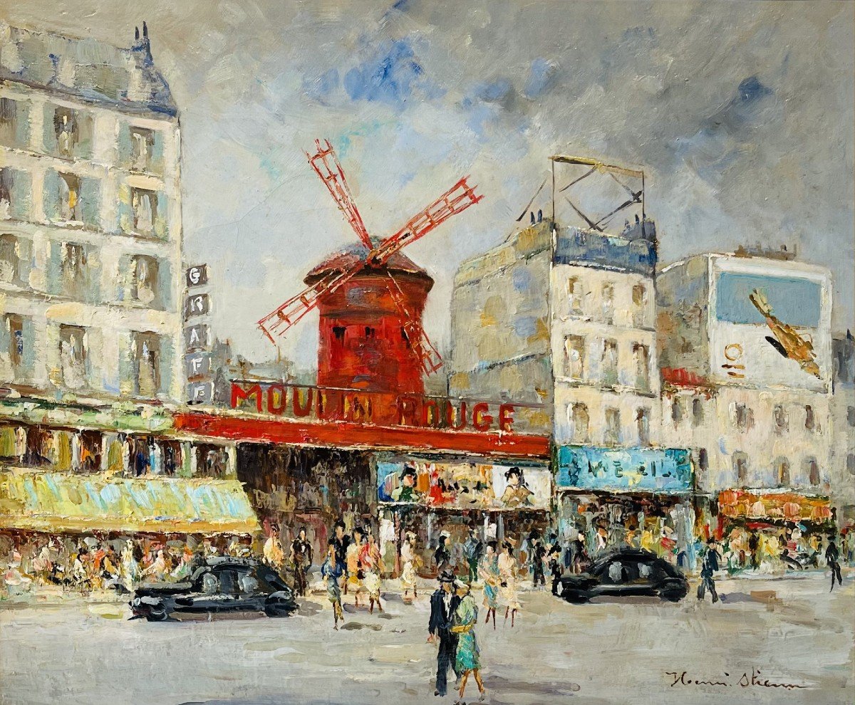 Henri Stienn (1903-1993), Paris Le Moulin Rouge, Oil On Canvas / France Urban Landscape