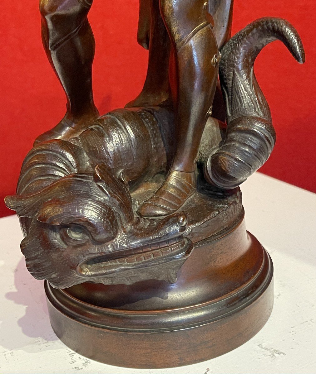 Bronze De Saint Michel Terrassant Le Dragon, Signé Emile Voyez, 19e Siècle / Sculpture / Statue Archange-photo-4