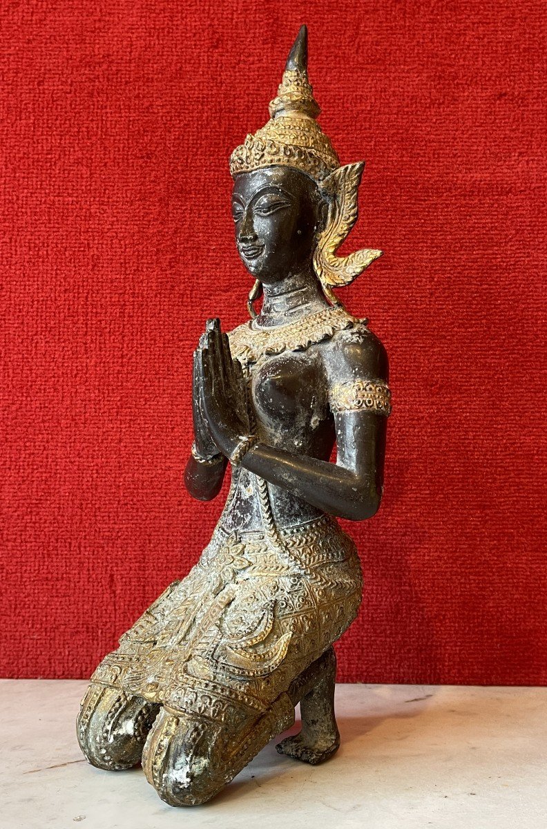 Gardien de Temple bouddhique, Thaïlande 19e Siècle, Sculpture en Bronze Patiné et Doré / Art Asiatique Bouddha / Bouddhisme / Dvarapala-photo-3