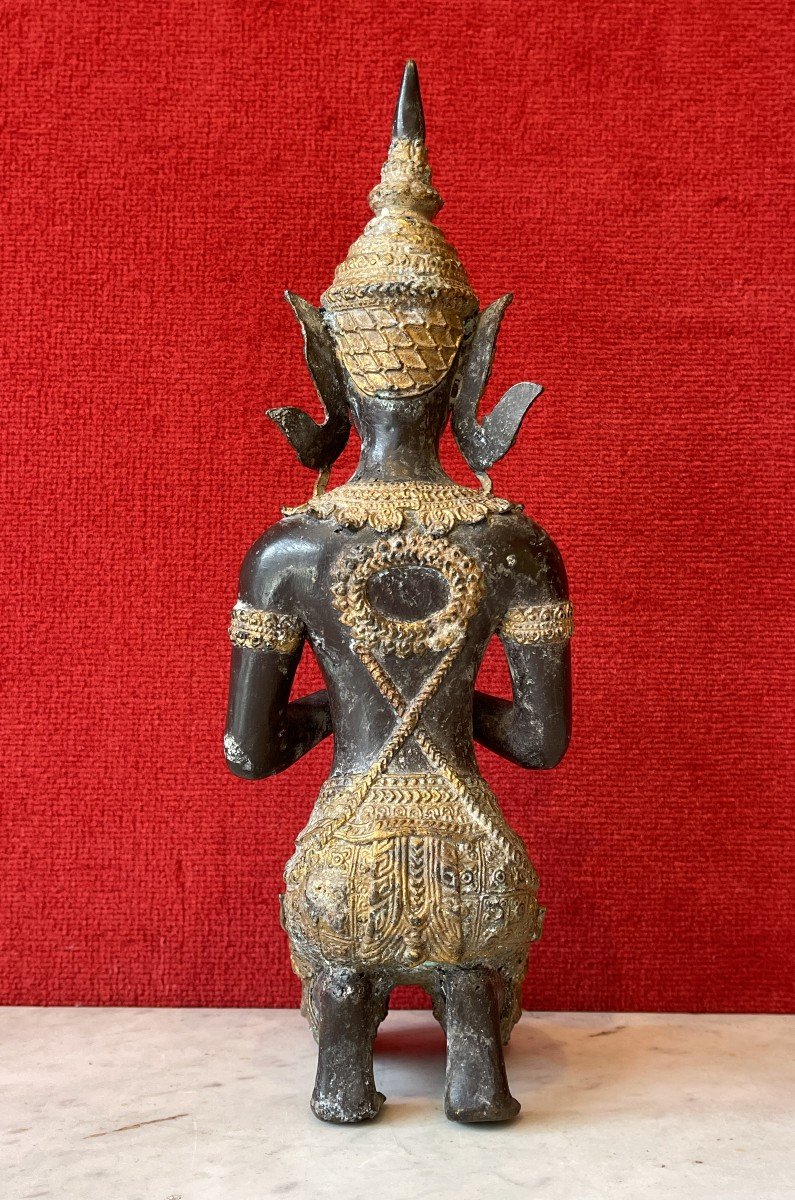 Gardien de Temple bouddhique, Thaïlande 19e Siècle, Sculpture en Bronze Patiné et Doré / Art Asiatique Bouddha / Bouddhisme / Dvarapala-photo-4