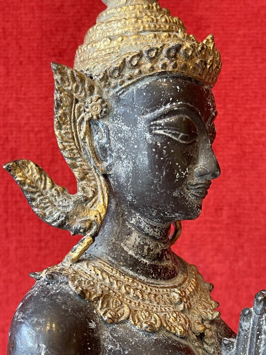 Gardien de Temple bouddhique, Thaïlande 19e Siècle, Sculpture en Bronze Patiné et Doré / Art Asiatique Bouddha / Bouddhisme / Dvarapala-photo-2