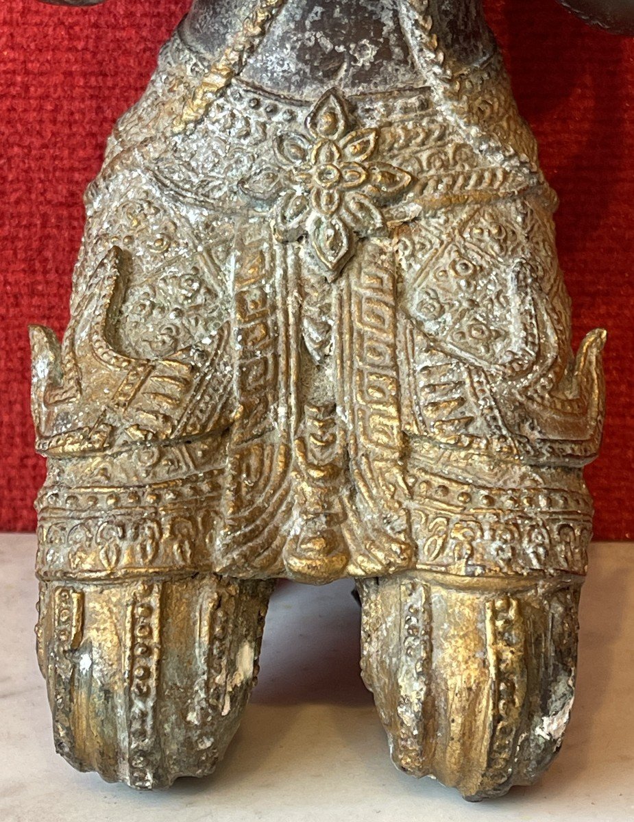 Gardien de Temple bouddhique, Thaïlande 19e Siècle, Sculpture en Bronze Patiné et Doré / Art Asiatique Bouddha / Bouddhisme / Dvarapala-photo-4