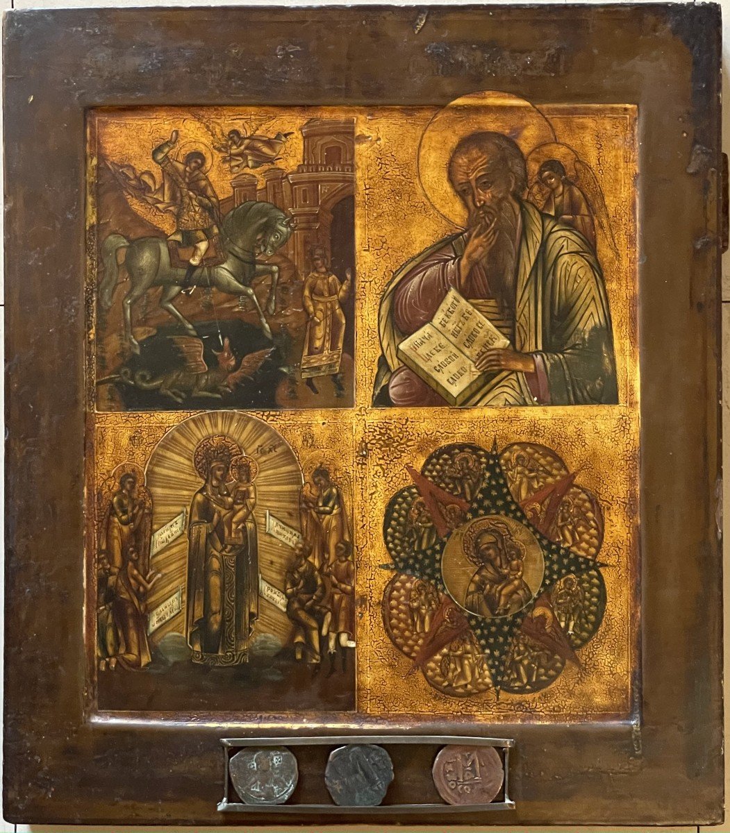 Icon Of Marie, Saints George And Matthew With Ex-voto, Russia Circa 1750 / Mother Of God Virgin