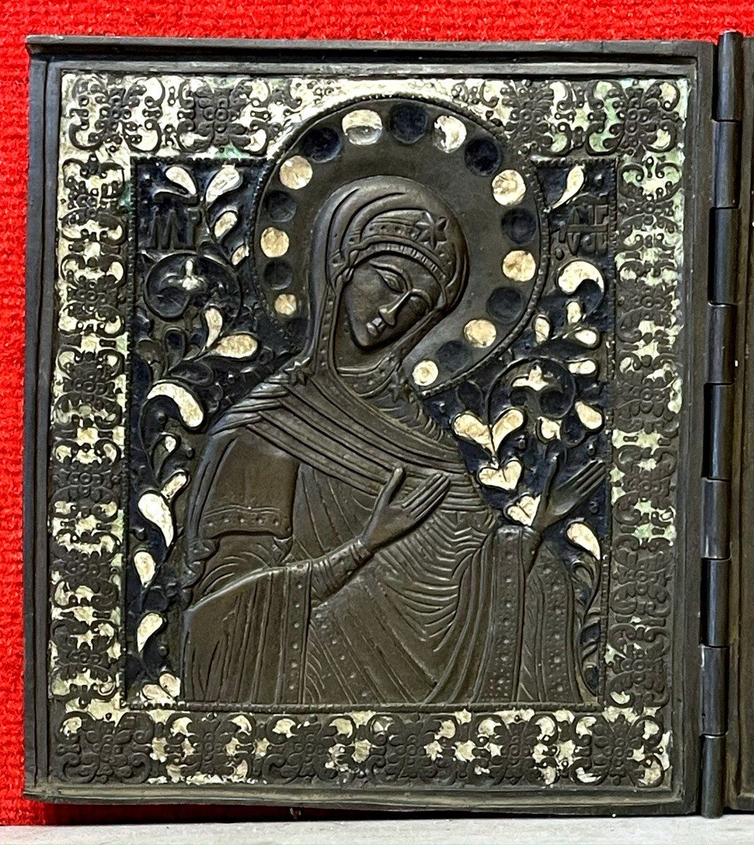 Large Triptych Icon Of Christ, Mary And St John, Bronze And Enamel, Russia 18th Century-photo-2