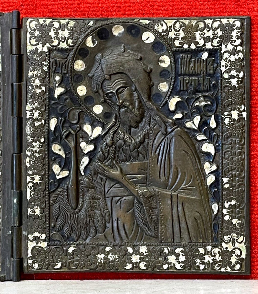 Large Triptych Icon Of Christ, Mary And St John, Bronze And Enamel, Russia 18th Century-photo-4