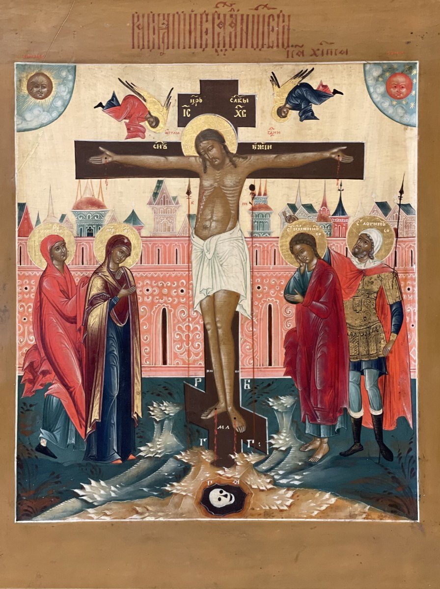 Rare Icon Of The Crucifixion, Russia 19th, Palekh School / Christ Jesus Orthodox Cross-photo-2