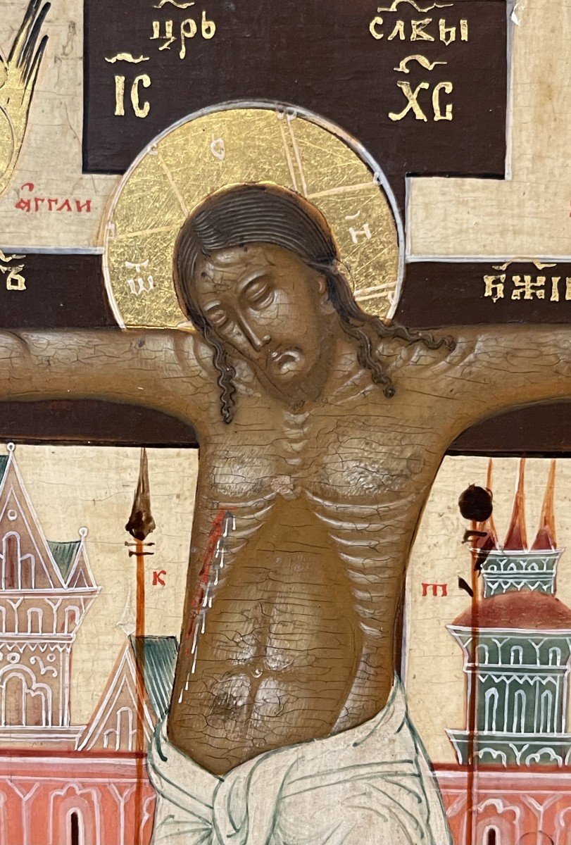 Rare Icon Of The Crucifixion, Russia 19th, Palekh School / Christ Jesus Orthodox Cross-photo-3