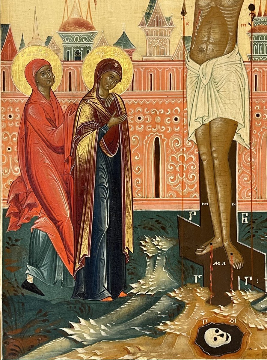 Rare Icon Of The Crucifixion, Russia 19th, Palekh School / Christ Jesus Orthodox Cross-photo-4