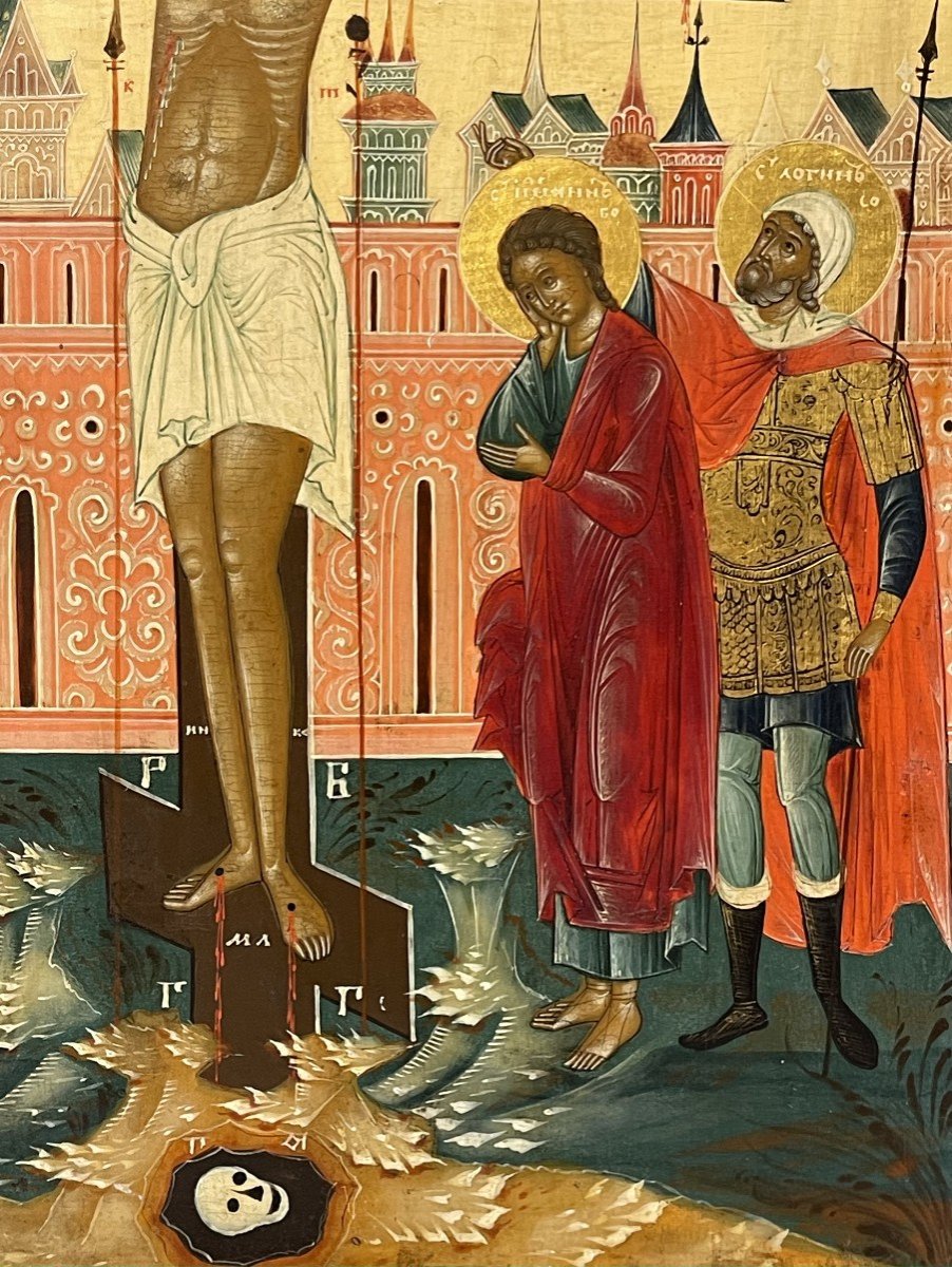 Rare Icon Of The Crucifixion, Russia 19th, Palekh School / Christ Jesus Orthodox Cross-photo-1