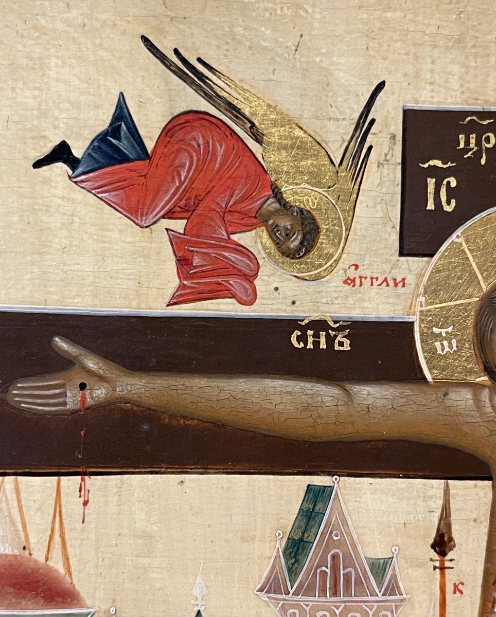 Rare Icon Of The Crucifixion, Russia 19th, Palekh School / Christ Jesus Orthodox Cross-photo-4