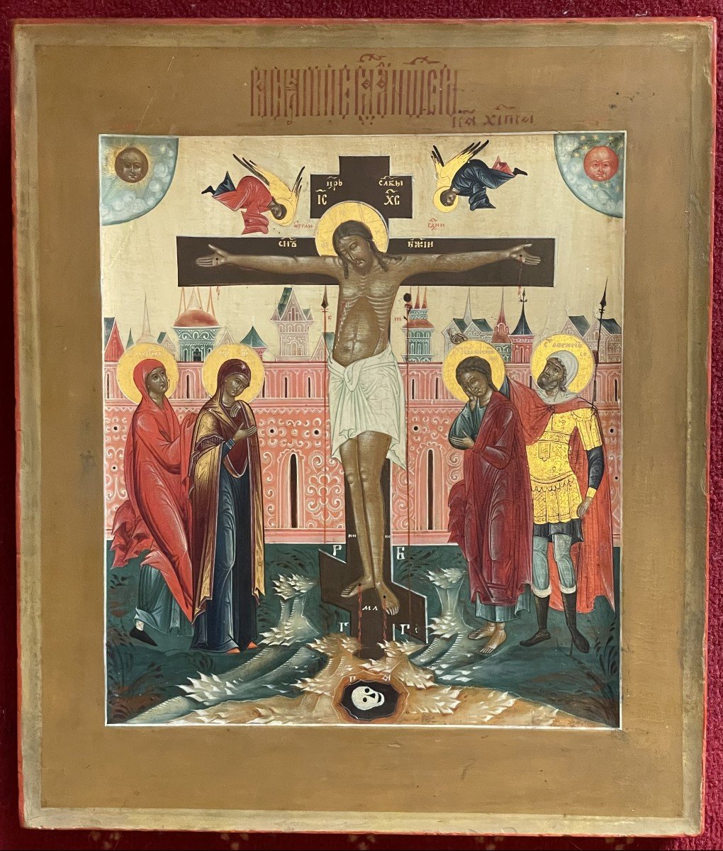 Rare Icon Of The Crucifixion, Russia 19th, Palekh School / Christ Jesus Orthodox Cross