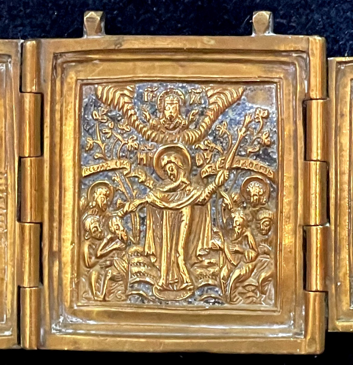 Travel Icon Of Mary, Saint Nicholas And Saint Julitta, Blue Enameled Bronze, Russia 19th C. -photo-2
