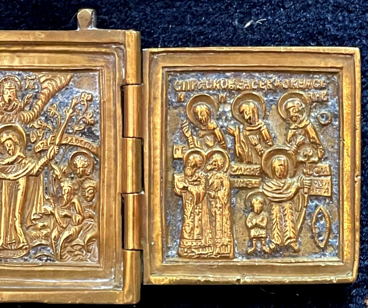 Travel Icon Of Mary, Saint Nicholas And Saint Julitta, Blue Enameled Bronze, Russia 19th C. -photo-4