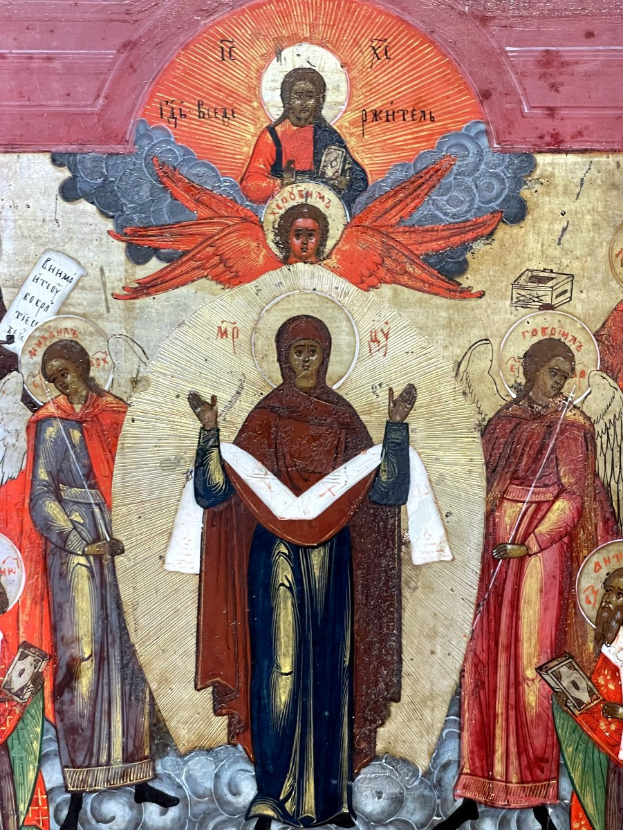 Large Icon Of The Protection Of The Mother Of God, Russia 19th Century, Pokrov Mary Viel-photo-2