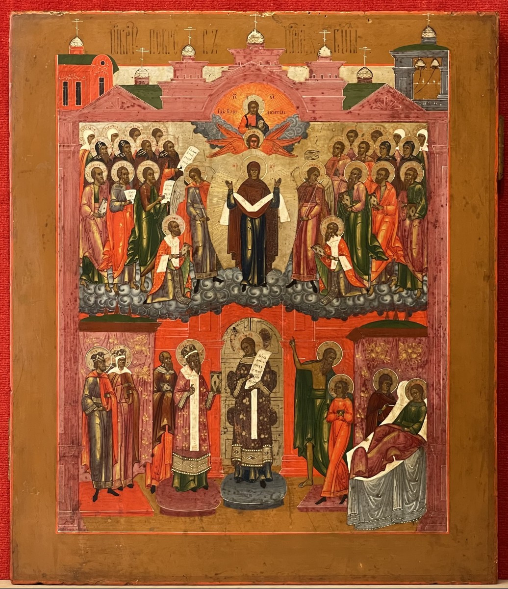 Large Icon Of The Protection Of The Mother Of God, Russia 19th Century, Pokrov Mary Viel
