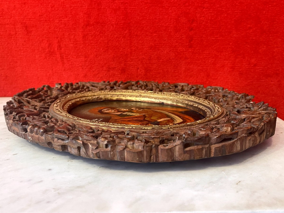 Icône Russe de la Vierge de la Tendresse Dans un Cadre de Canton en Bois Sculpté, 19e Siècle-photo-5