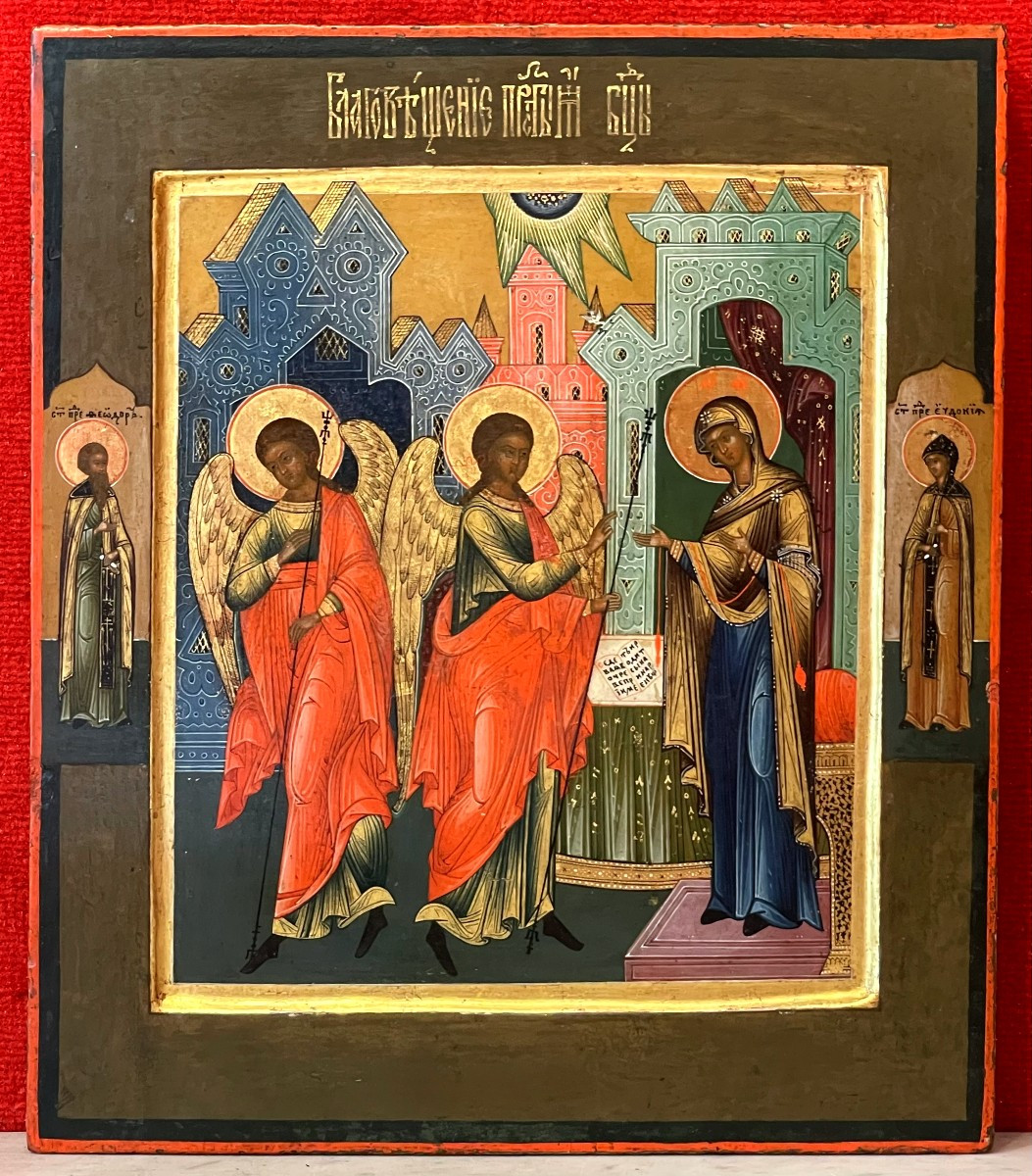 Icône de l'Annonciation, Ecole de Mstiora, Russie 19e Siècle / Vierge Marie / Archange Gabriel