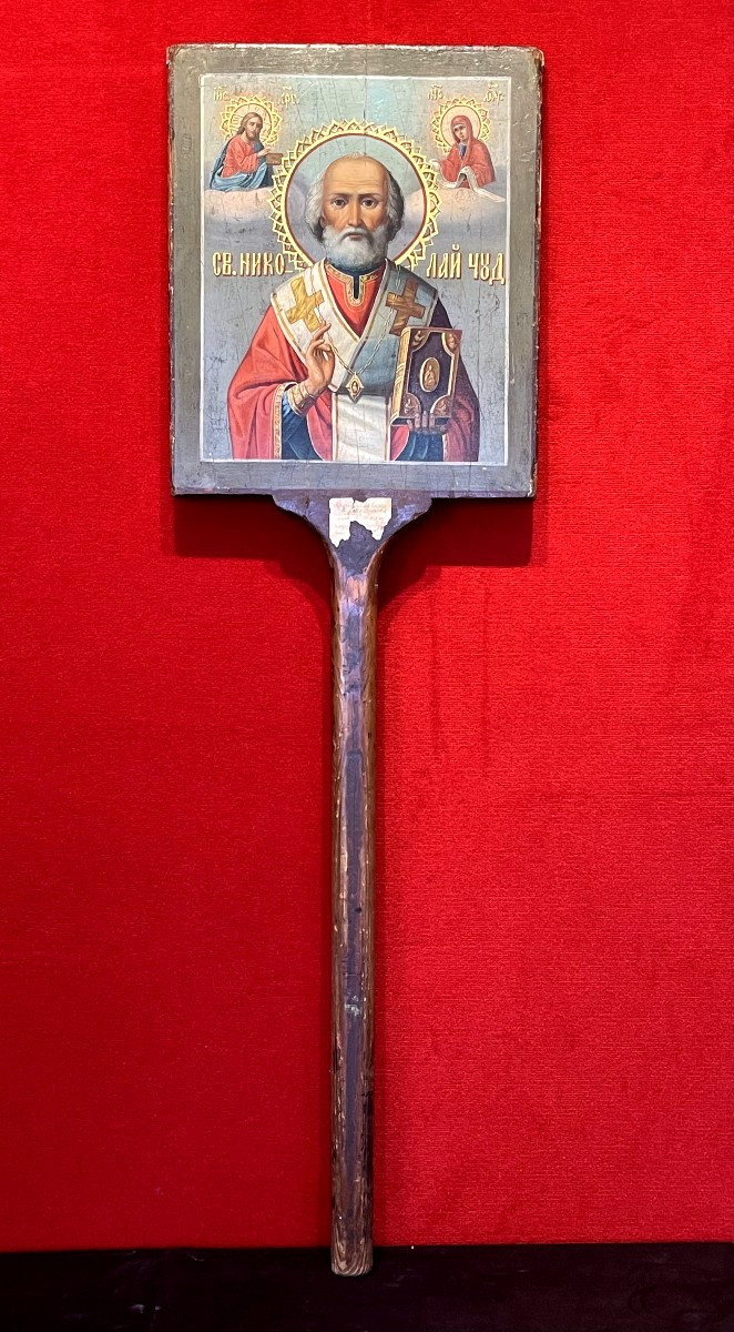 Double-sided Processional Icon Of The Virgin And Saint Nicholas, Russia, 19th Century-photo-2