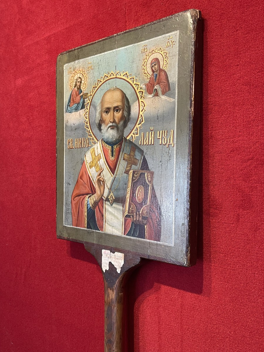 Double-sided Processional Icon Of The Virgin And Saint Nicholas, Russia, 19th Century-photo-4