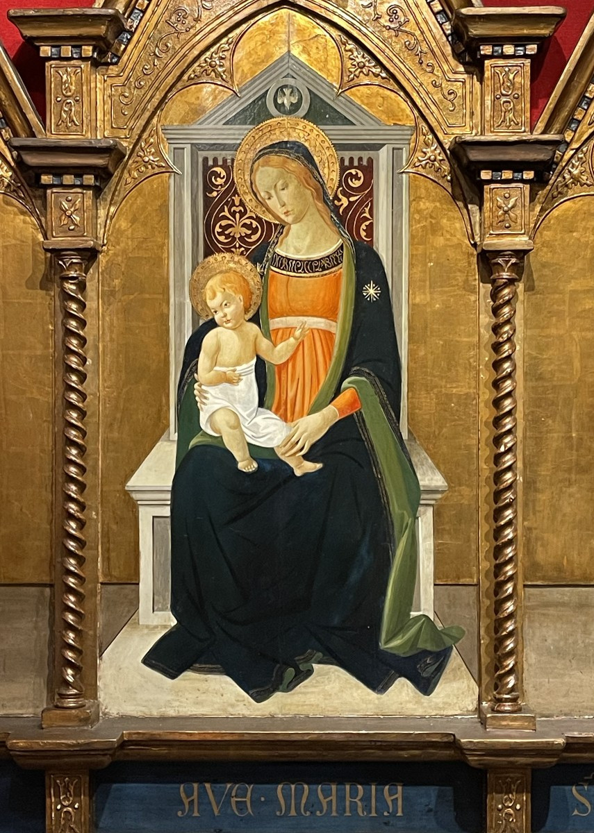 Retable Monumental Marie, Jésus, Jean et Pierre, Florence XIX, Triptyque Quattrocento Angelico-photo-2