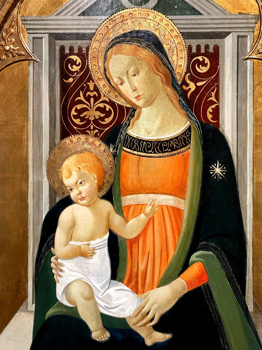 Retable Monumental Marie, Jésus, Jean et Pierre, Florence XIX, Triptyque Quattrocento Angelico-photo-1