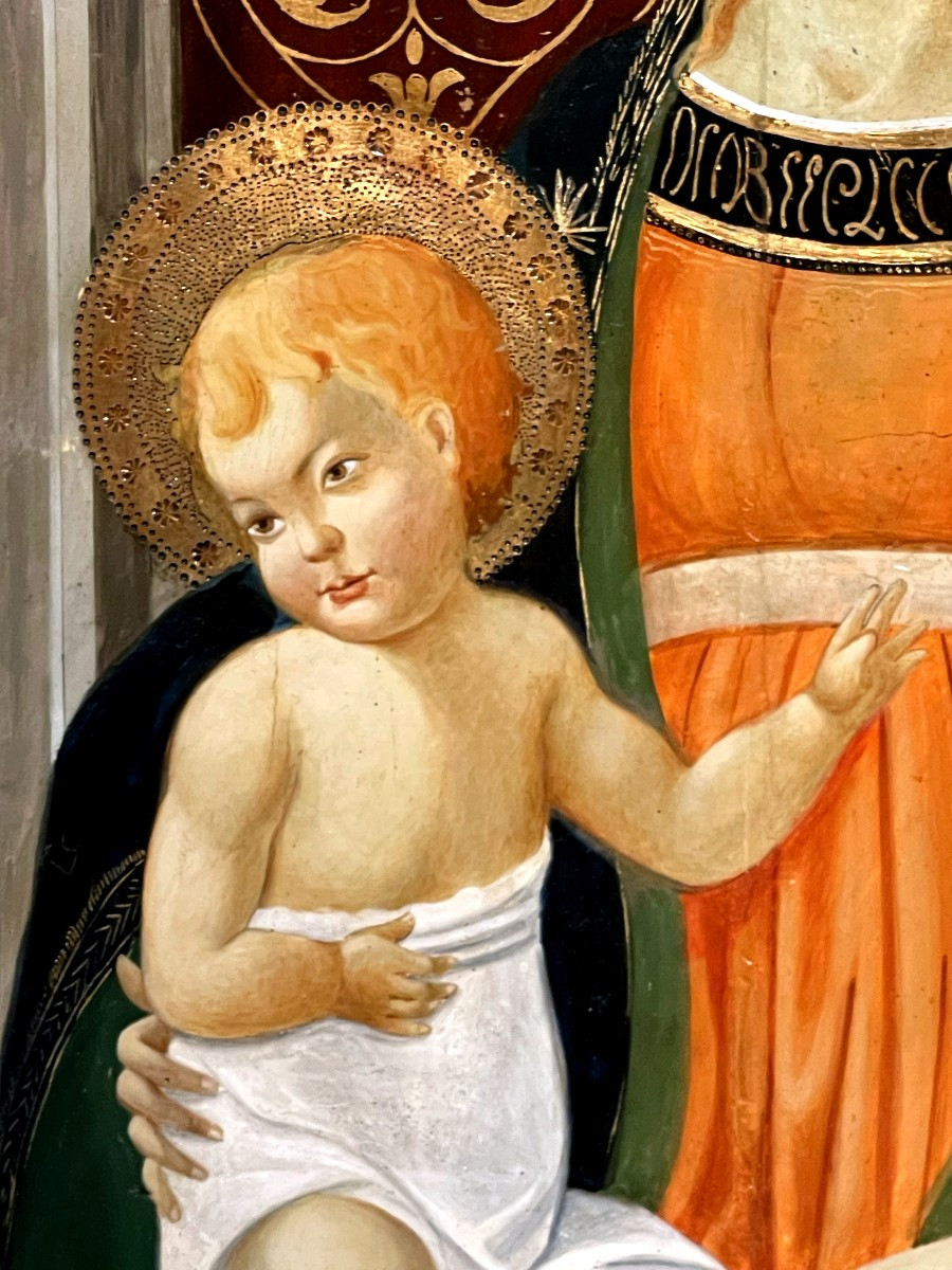 Retable Monumental Marie, Jésus, Jean et Pierre, Florence XIX, Triptyque Quattrocento Angelico-photo-3