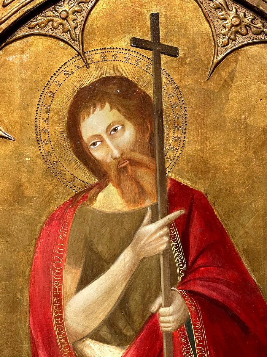 Retable Monumental Marie, Jésus, Jean et Pierre, Florence XIX, Triptyque Quattrocento Angelico-photo-4