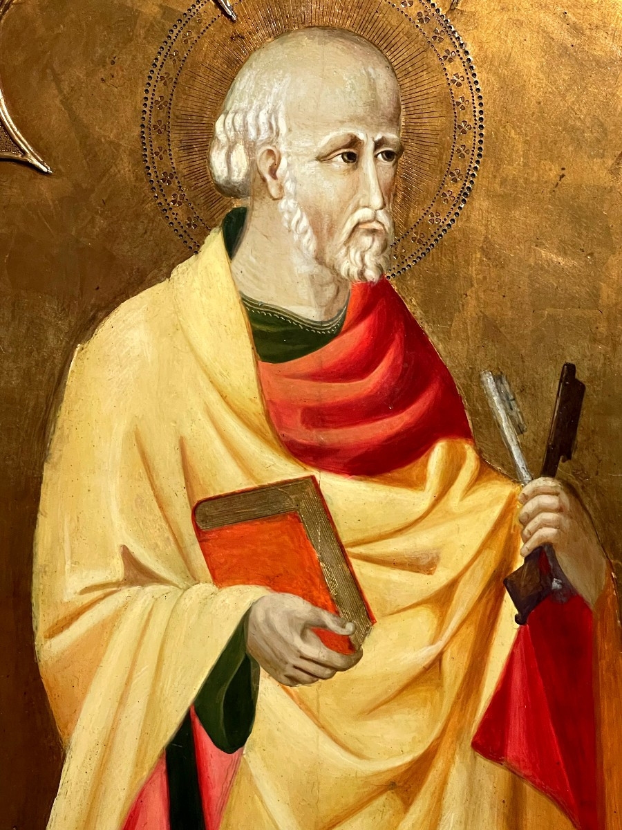 Retable Monumental Marie, Jésus, Jean et Pierre, Florence XIX, Triptyque Quattrocento Angelico-photo-5