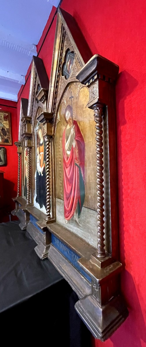 Retable Monumental Marie, Jésus, Jean et Pierre, Florence XIX, Triptyque Quattrocento Angelico-photo-6