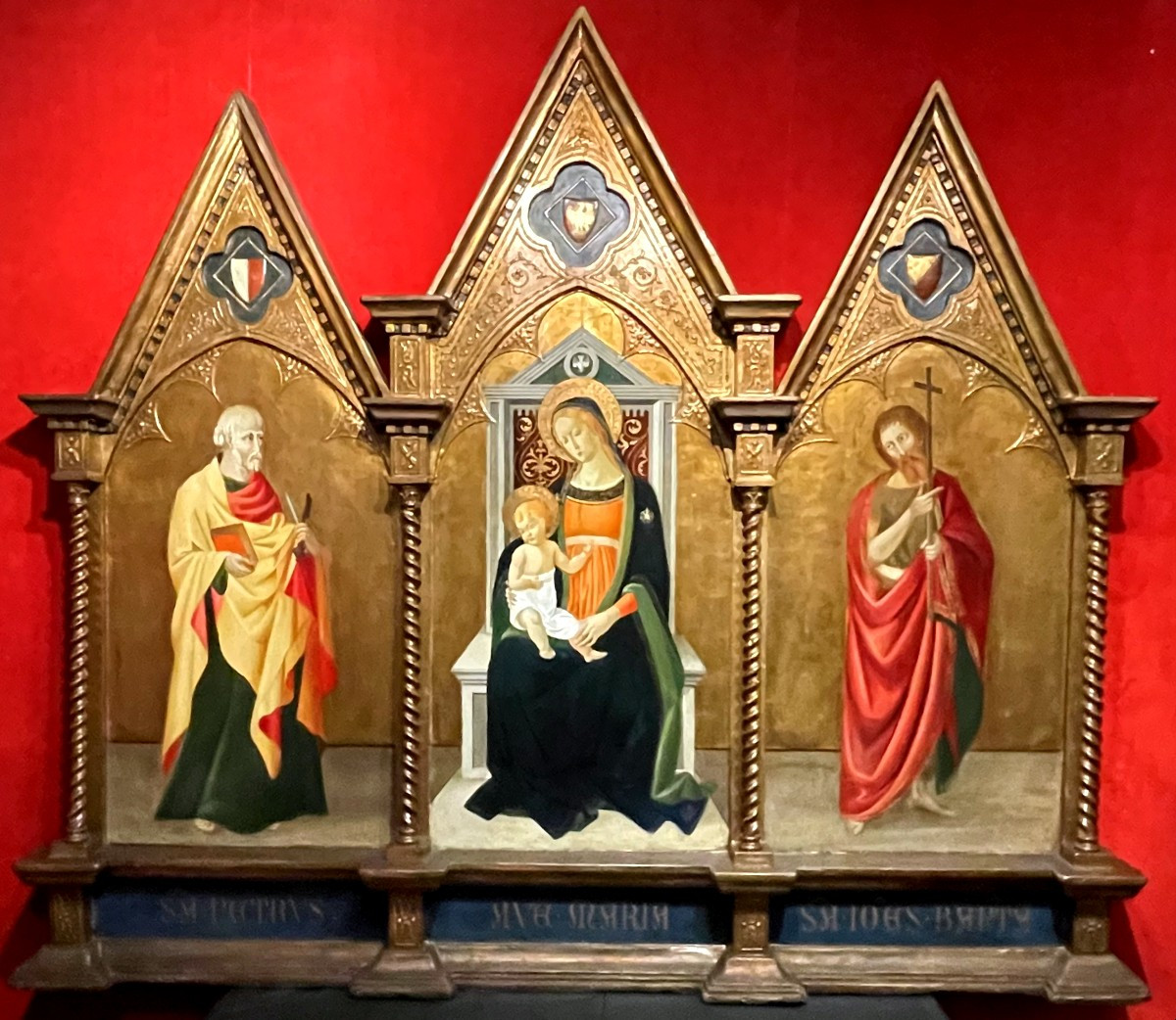 Retable Monumental Marie, Jésus, Jean et Pierre, Florence XIX, Triptyque Quattrocento Angelico
