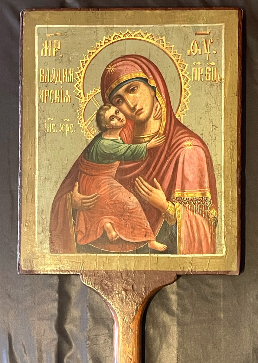 Icône de Procession Double Faces de la Vierge et Saint Nicolas, Russie 19e Siècle