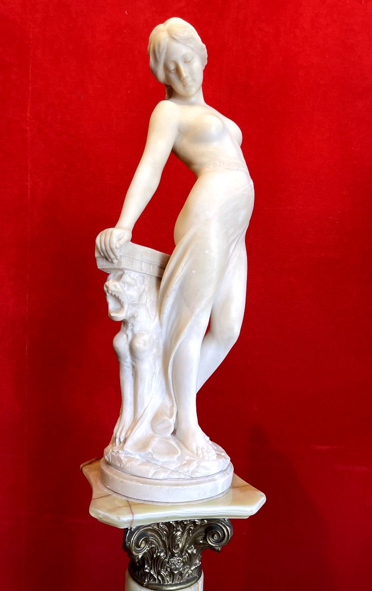 Emilio Fiaschi (1858-1941): Naked Beauty, Large Alabaster Sculpture-photo-3