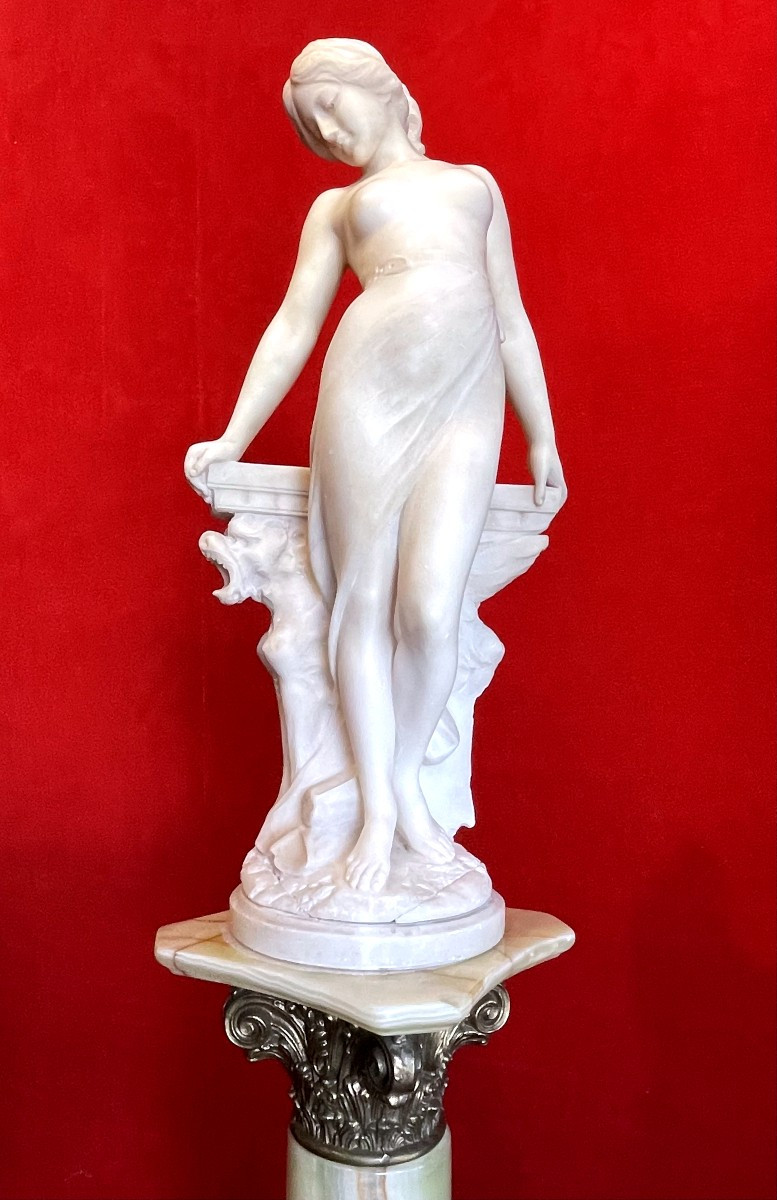 Emilio Fiaschi (1858-1941): Naked Beauty, Large Alabaster Sculpture-photo-2