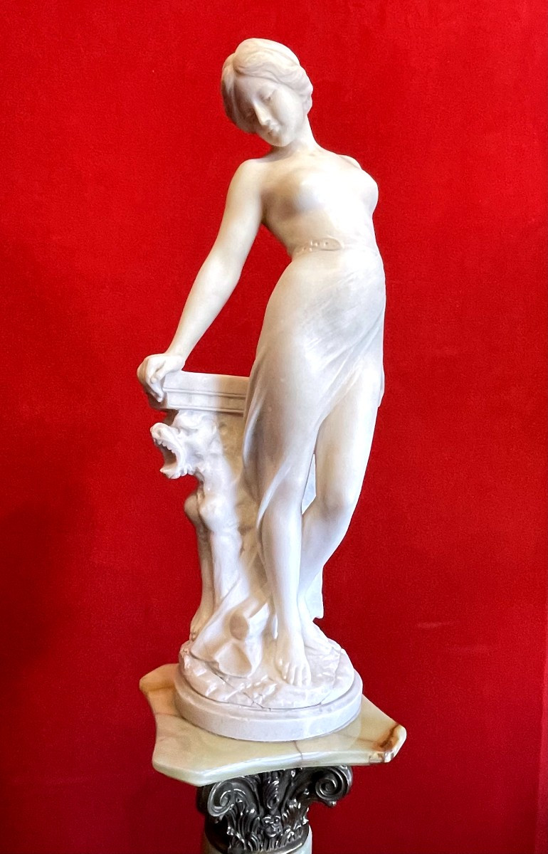 Emilio Fiaschi (1858-1941): Naked Beauty, Large Alabaster Sculpture