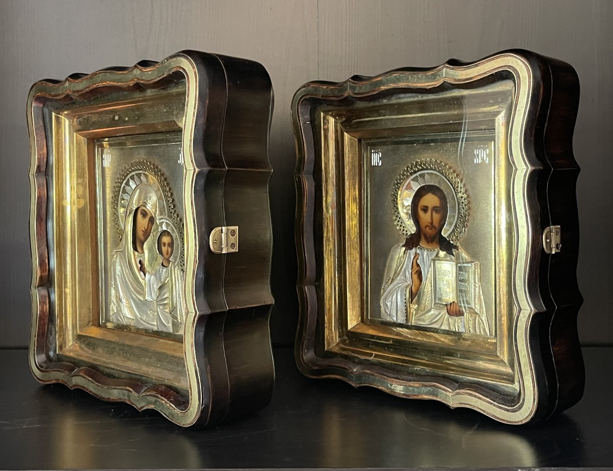 Paire D'Icônes de Mariage du Christ et de Marie, Vermeil, Russie Moscou, Fin 19e Siècle -photo-6