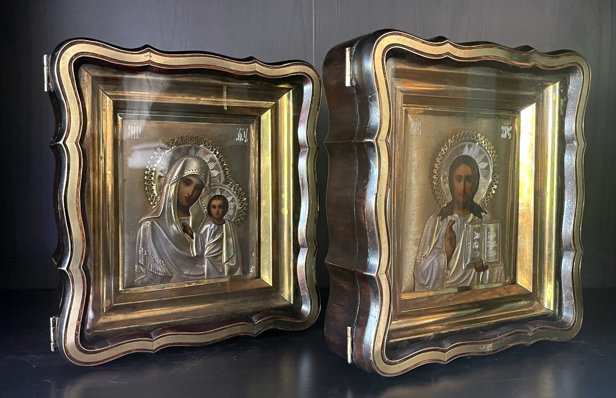 Paire D'Icônes de Mariage du Christ et de Marie, Vermeil, Russie Moscou, Fin 19e Siècle -photo-7