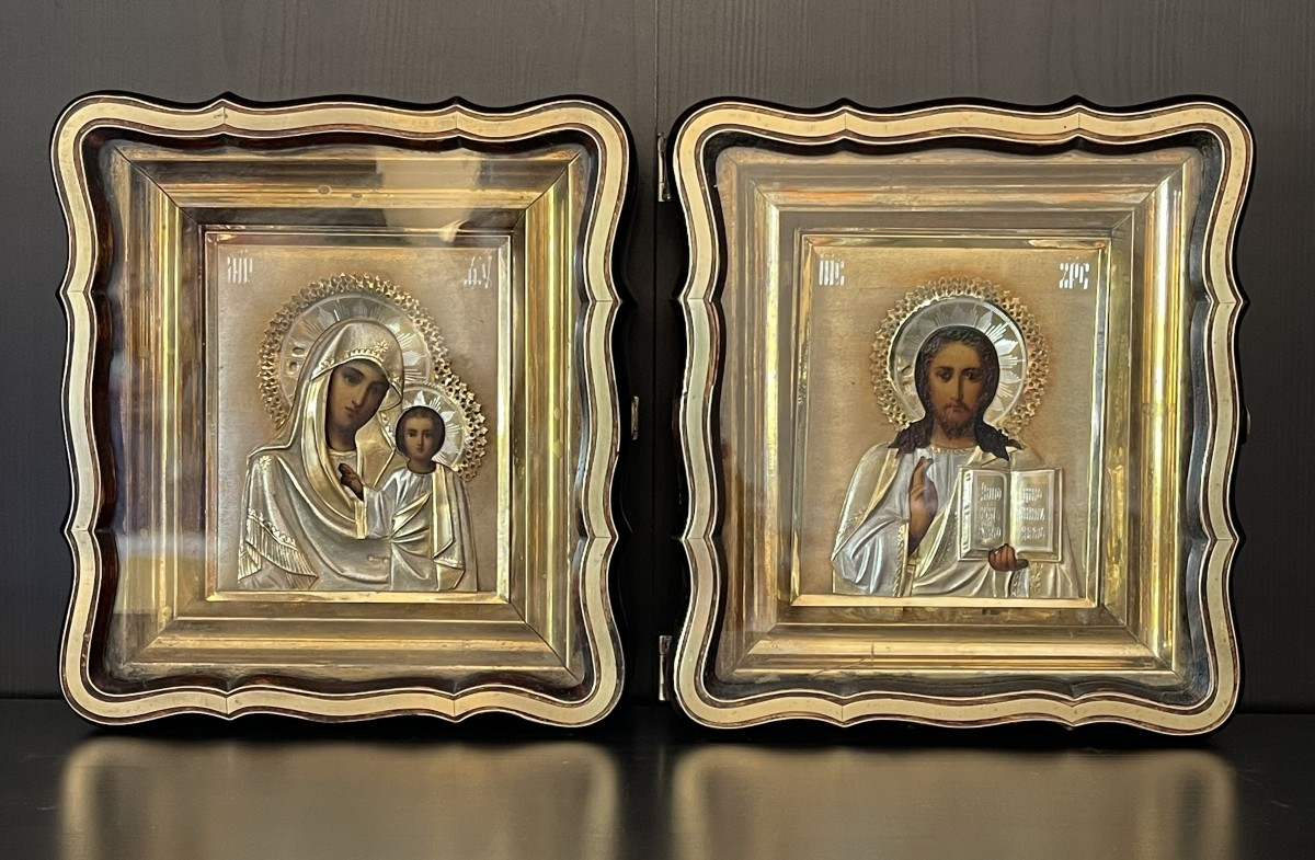 Paire D'Icônes de Mariage du Christ et de Marie, Vermeil, Russie Moscou, Fin 19e Siècle 