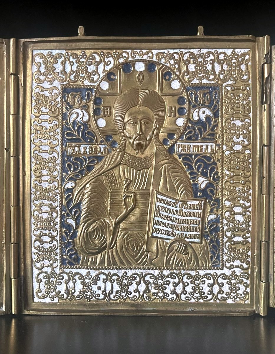 Grande Icône Triptyque Du Christ, Marie Et St Jean, Bronze Emaillé, 18e Russie Vieux Croyants-photo-2