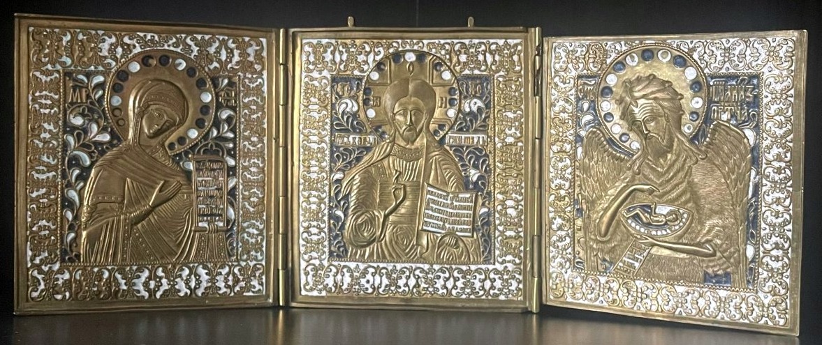 Grande Icône Triptyque Du Christ, Marie Et St Jean, Bronze Emaillé, 18e Russie Vieux Croyants-photo-2