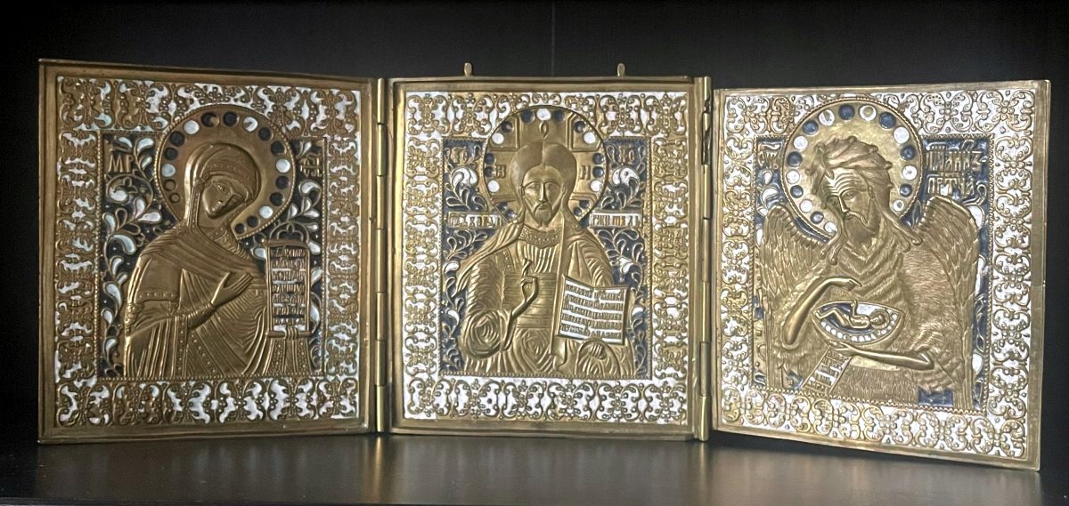 Grande Icône Triptyque Du Christ, Marie Et St Jean, Bronze Emaillé, 18e Russie Vieux Croyants