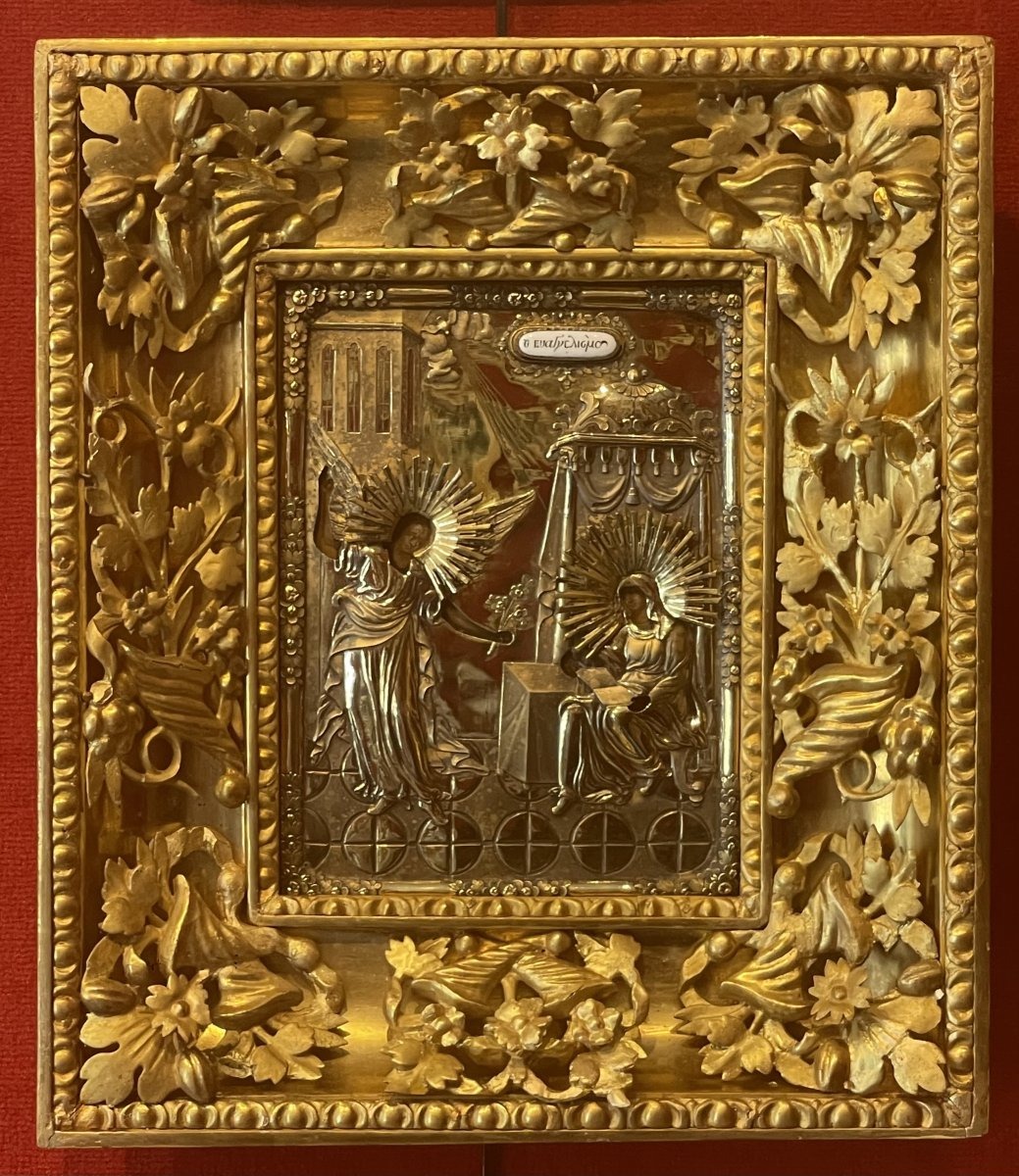 Icône de l'Annonciation En Vermeil, Moscou Russie 1834 avec son Cadre Dorée d'Epoque-photo-2