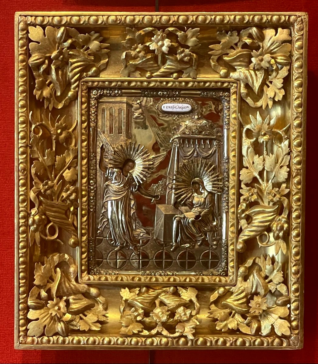 Icône de l'Annonciation En Vermeil, Moscou Russie 1834 avec son Cadre Dorée d'Epoque