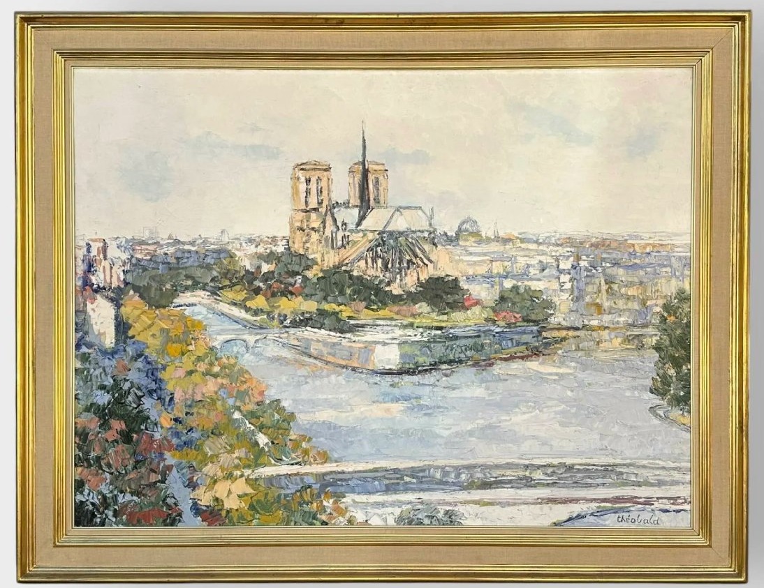 MONUMENTALE HUILE SUR TOILE DE LA SEINE ET DE NOTRE DAME À PARIS PAR THÉOBALD RENÉE (1926-2014)