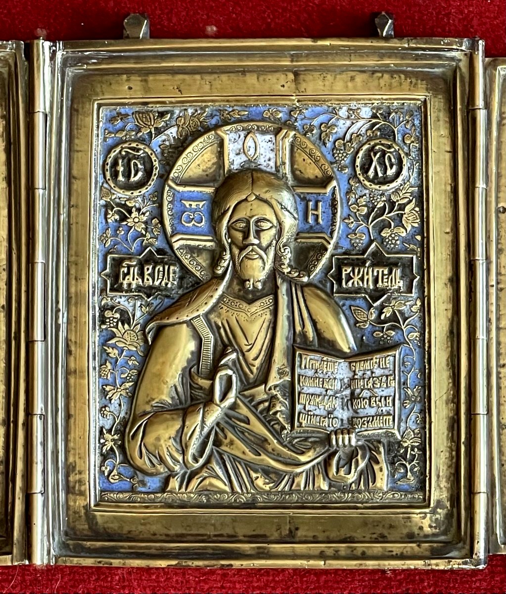 Large Travel Triptych Icon: Christ, Mary, And St. John, Enameled Bronze, 19th-century Russia, Deisis-photo-2