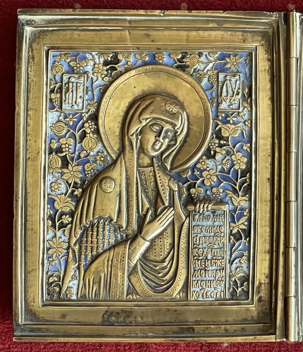 Large Travel Triptych Icon: Christ, Mary, And St. John, Enameled Bronze, 19th-century Russia, Deisis-photo-3