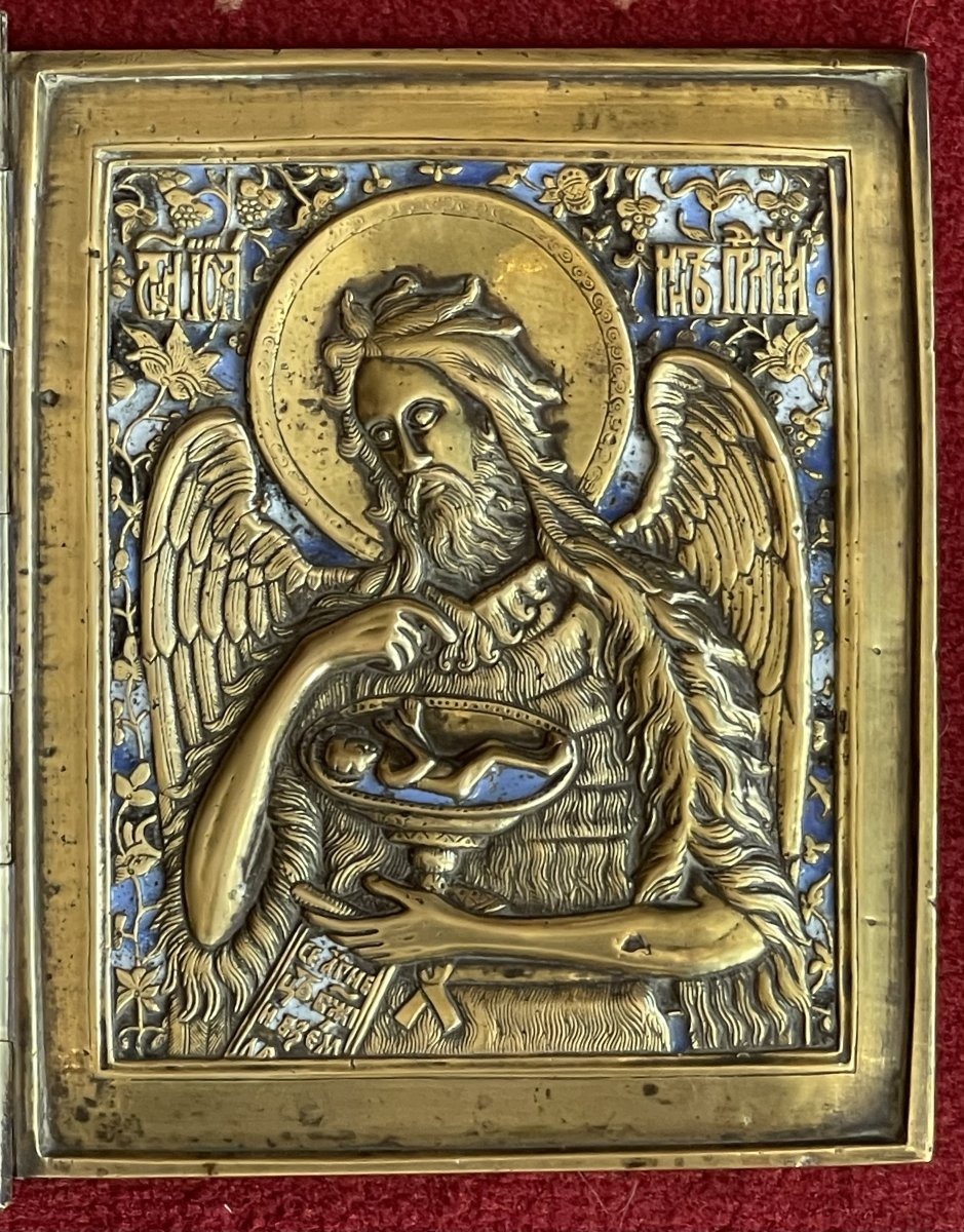 Large Travel Triptych Icon: Christ, Mary, And St. John, Enameled Bronze, 19th-century Russia, Deisis-photo-4