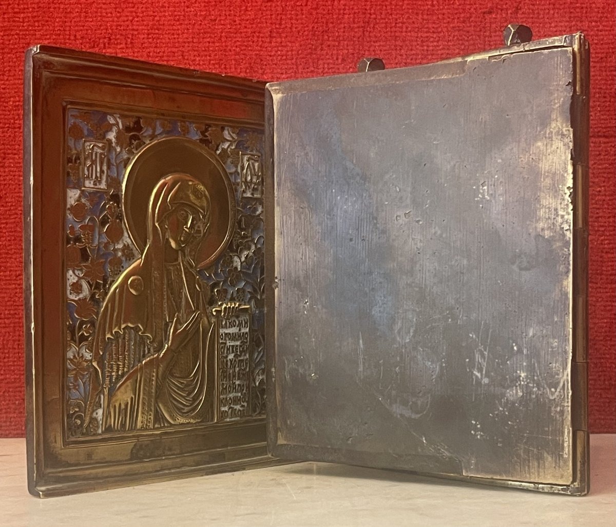 Large Travel Triptych Icon: Christ, Mary, And St. John, Enameled Bronze, 19th-century Russia, Deisis-photo-3